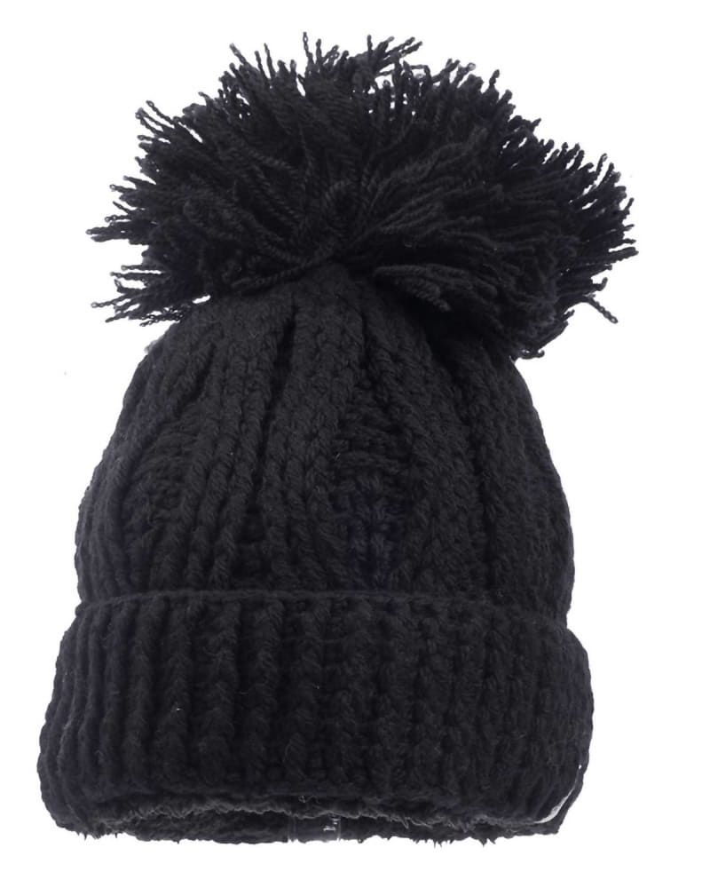 Front of a model wearing a size one-size-fits-all Pom Rib Fold Hat In Black in Black by Nirvanna Designs. | dia_product_style_image_id:357513